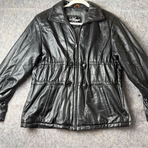 VINTAGE  Wilsons Women’s MAXIMA Black Leather Jacket Sz L Full Zip Mid Length - Picture 1 of 10